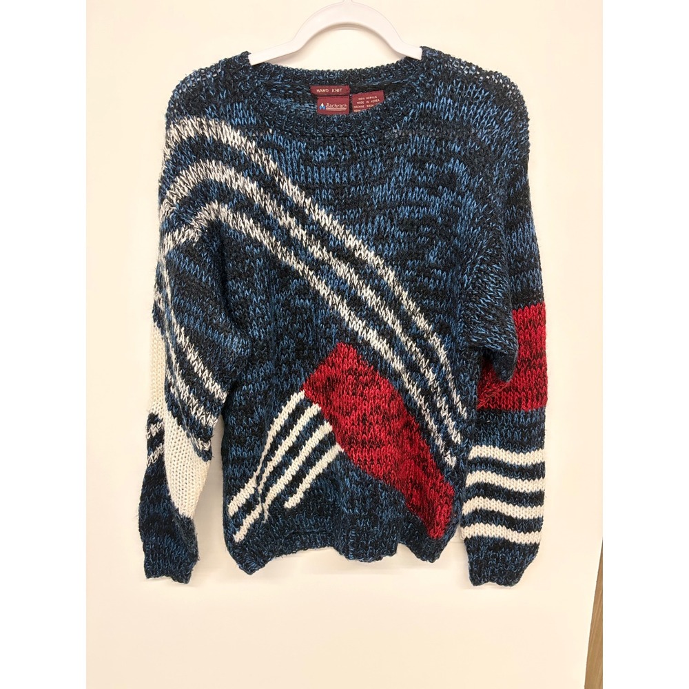 Vtg 80s Grandpa Sweater Chunky Hand Knit Fisherman Sweater Men Blue Red White